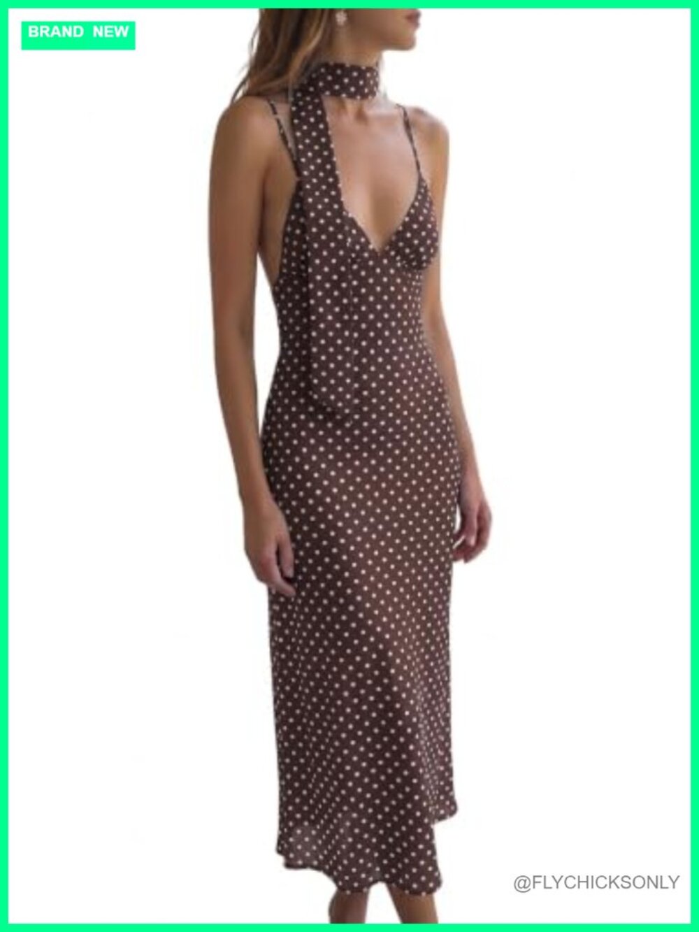 Women Summer Chiffon V Neck Backless Polka Dot Maxi Dress with Scarf